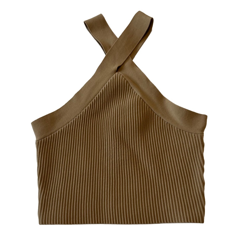 Forever 21 Small Ribbed Cross Back Crop Tank Womens Beige Tan Rib Knit #CropTop